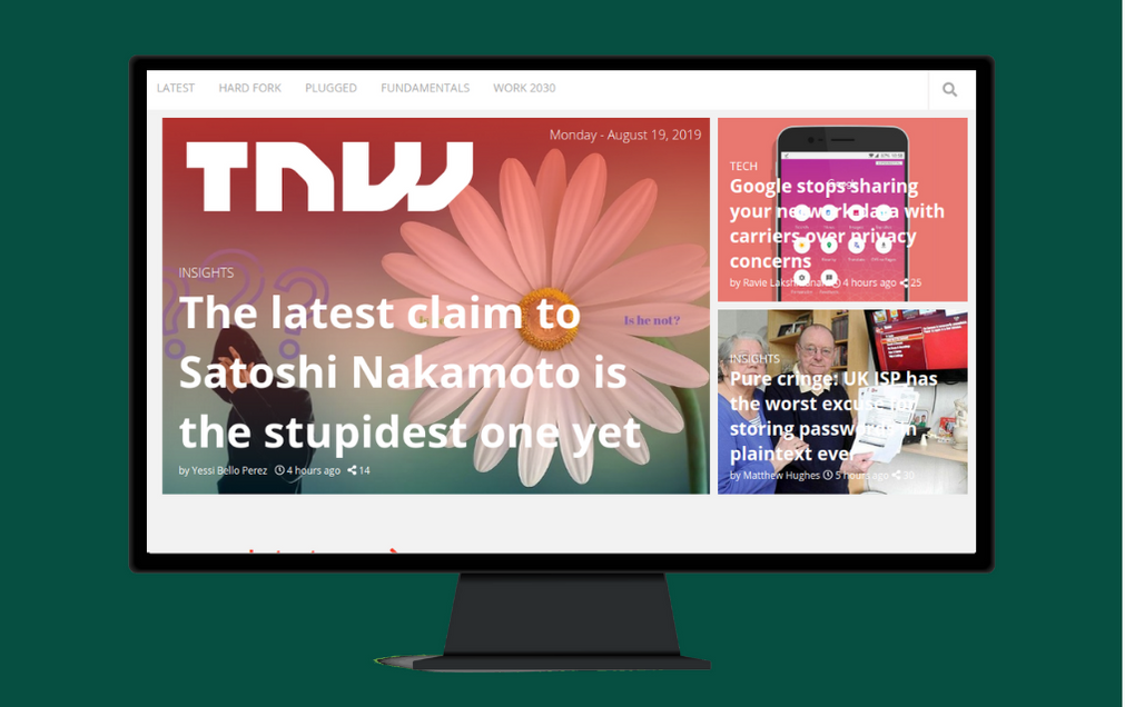 A screen shot of TNW homepage clone project on a flat screen monitor